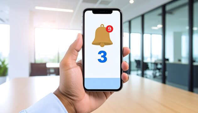 A hand holds a smartphone displaying a notification bell icon with three unread messages.