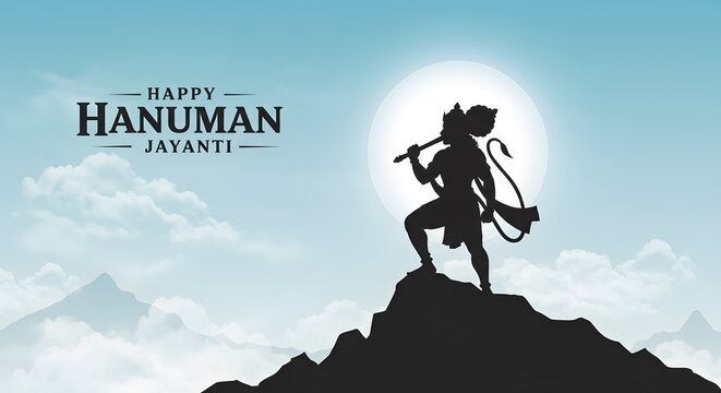 Happy hanuman jayanti greeting with silhouette of lord hanuman standing on a mountain peak against the sky