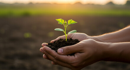 Fototapeta premium Hands cradling a new plant, symbolizing growth, nature, and environmental care in golden light
