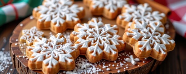 Fototapeta premium Warm, spiced Christmas cinnamon cookies, dusted with powdered sugar, arranged on a rustic wooden board, golden, confectionery, background