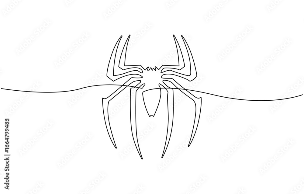 Poster continuous one line drawing of spider on its web, vector.
