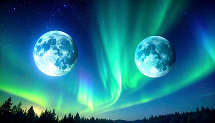 Two Moons, Aurora Borealis, and Night Sky Over Forest.