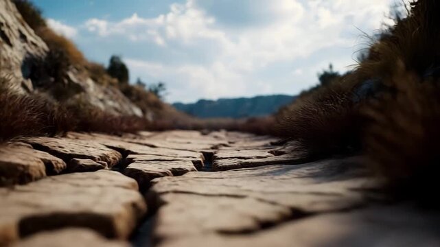 Drought stricken riverbed with cracked parched earth