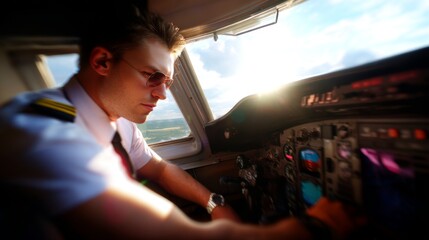 Skilled Pilot Maneuvering Aircraft Controls under Harsh Daylight in Tilt-shift Focused Cockpit Perspective