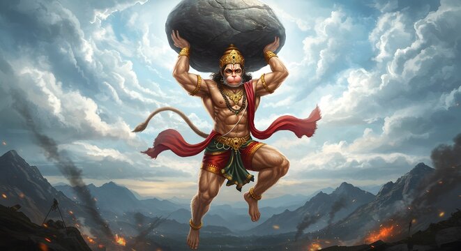 Lord hanuman, the hindu deity and devoted warrior, carrying a mountain in a powerful display of strength and courage