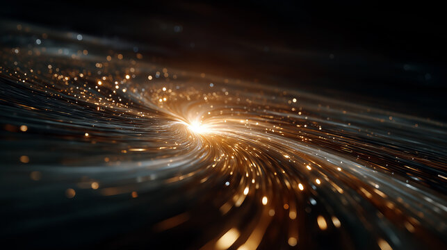 Energy Vortex in Space: A mesmerizing visualization of a cosmic energy vortex swirling through the vast darkness of space, with radiant particles of light emanating from a central point. 