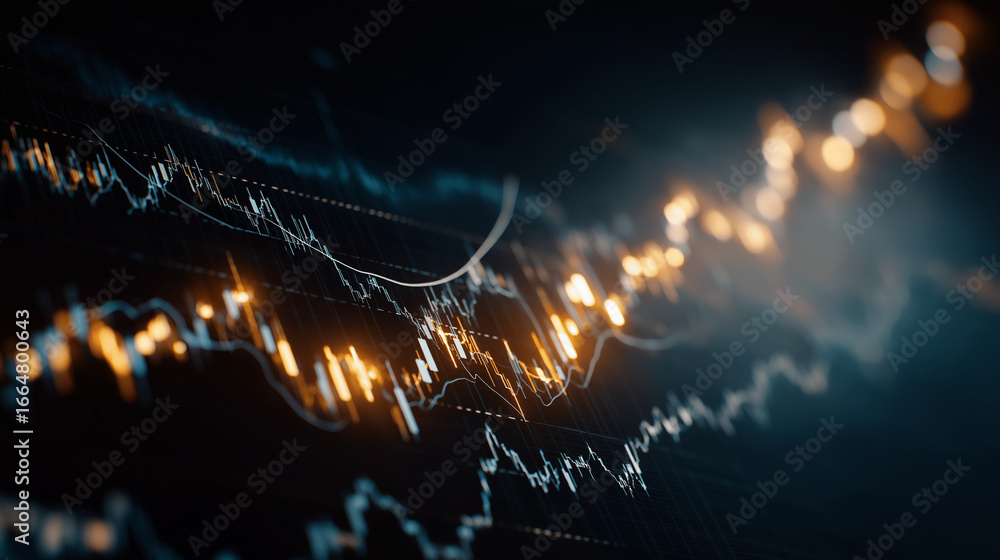 Poster stock market trends: dynamic lines and luminous points come to life, suggesting data-driven market f
