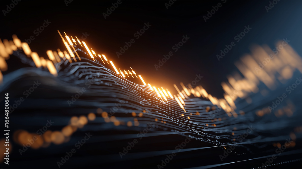 Poster financial data visualization: dynamic abstract representation of market data, with undulating lines 