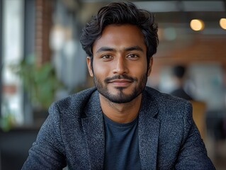 Fototapeta premium Relaxed portrait of an Indian startup founder in a modern office setting