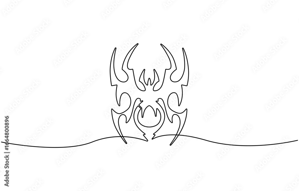Poster continuous one line drawing of spider on its web, vector.
