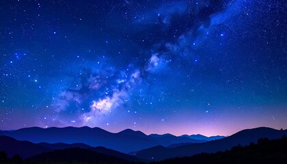 A breathtaking view of a night sky filled with countless stars and the vibrant Milky Way, stretching across a serene mountain range.