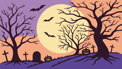 Halloween Graveyard Scene with Pumpkins and Full Moon – Spooky Night Background Illustration