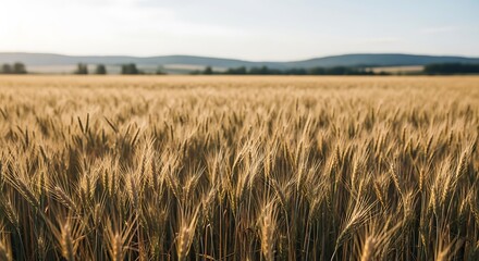 Golden wheat field stretches towards the horizon, with distant mountains adding depth to the rural landscape under a clear sky, representing a bountiful harvest and agricultural richness
