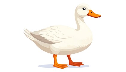 Obraz premium A side view of a cartoonish, white duck, with bright orange beak and feet, presented against a plain white background.