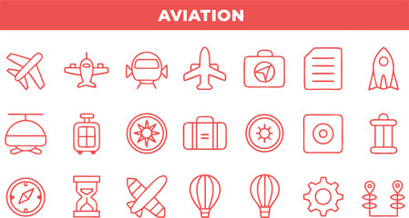 Collection of aviation and travel icons in red and white