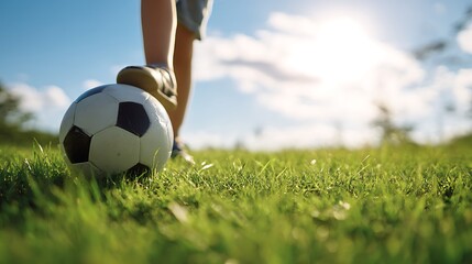 Boy Resting Foot on Soccer Ball in Green Field on Sunny Day