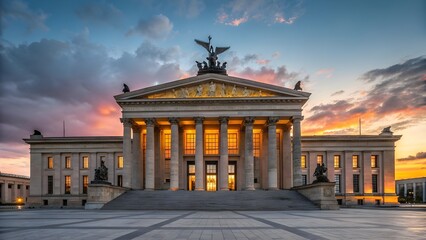 Obraz premium Neoclassical Building with Columns at Sunset Illuminated by Golden Light