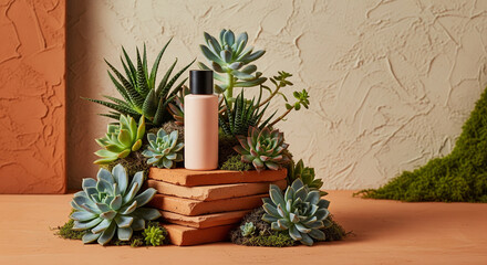 Biophilic Beauty Scene with Teal Compact on Terracotta Tile, Soft Focus Succulent, and Textured Light Blue Wall, Wellness