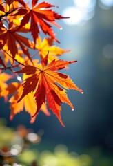 Fototapeta premium Vibrant autumn leaves glistening with morning dew, showcasing rich reds, oranges, and yellows against a blurred background, image, park