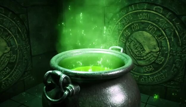 A witch's cauldron filled with green liquid. 