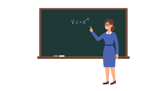 Female teacher explaining equation on classroom blackboard in flat design