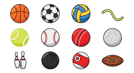 Fototapeta premium Collection of various sport equipment including balls and pins presented on a white background forming a vector illustration