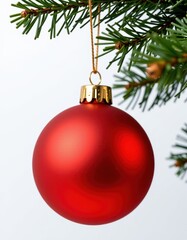 A single, shiny red Christmas ball isolated on a pure white background. Perfect for holiday designs and decorations, celebration, festive decoration