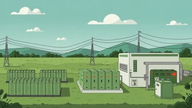 Cartoon animation shows a green energy storage system in a rural landscape