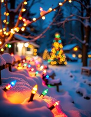 Twinkling Christmas lights illuminate a winter scene, creating a warm and festive glow. The soft, colorful lights adorn a snowy landscape, casting a magical am, twinkle, landscape