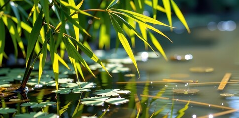 Vibrant green bamboo leaves gently droop over calm, clear water, sunlight dappling the surface.