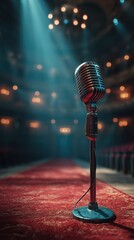 Vintage microphone stands on a red carpet in an elegant theatre, ready for a captivating performance amidst soft stage lighting