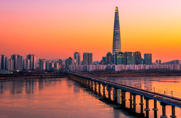 Seoul city at sunset, South Korea. 