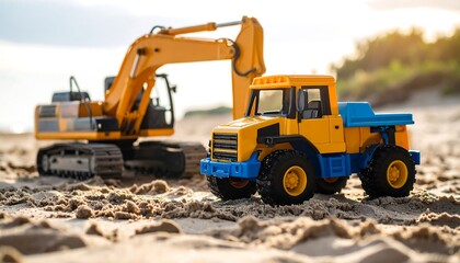 Obraz premium Two colorful toy construction vehicles, an excavator and a dump truck, sit on a sandy beach, bathed in warm sunlight.