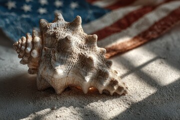Beautiful shell resting on sandy surface with American flag in background during serene morning light