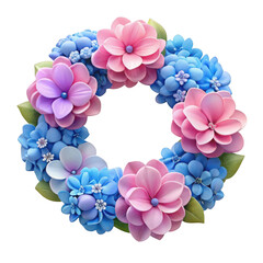 Round floral wreath with pink and blue flowers and green leaves