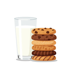 A glass of white milk stands next to a tall stack of assorted delicious cookies, including chocolate chip and striped varieties.