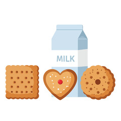 An illustration of a carton of milk with three different cookies, perfect for a snack.