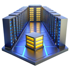 Server Room with Glowing Blue and Yellow Lights rack