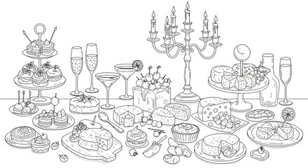 Elegant feast with cakes, cheeses, and candles in a detailed line art style