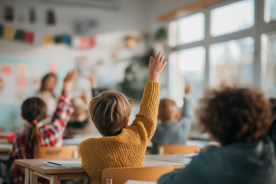 Students Raising Hands During School Lesson from Back View