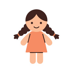 A charming cartoon illustration of a smiling girl doll with brown hair in pigtails and an orange dress.