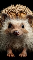 Fototapeta premium Adorable hedgehog showcases its unique features in a close-up view against a dark background