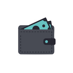 A dark gray wallet with two teal banknotes peeking out from the top.