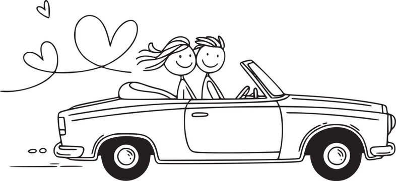 Romantic Road Trip: A delightful illustration depicts a stick-figure couple joyfully cruising in a classic convertible, their adventure underscored by heart-shaped symbols in a sketch-style art.