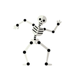 A funny cartoon skeleton with black joints dancing in a spooky pose on a white background.