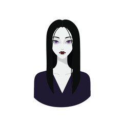 Illustration of a pale woman with long black hair and purple eyes, dressed in a dark purple dress.
