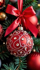 Sparkling red Christmas balls adorned with elegant red ribbon, festive holiday decoration, red ribbon, christmas tree, christmas decor