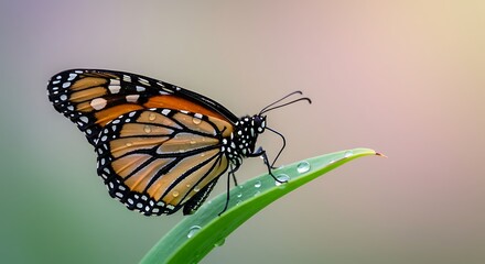 Fototapeta premium Close-Up of Monarch Butterfly Resting on Leaf with Water Droplets