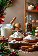 Warm, rustic kitchen scene with Christmas baking ingredients: flour, sugar, spices, and festive decorations, sweet, cookies