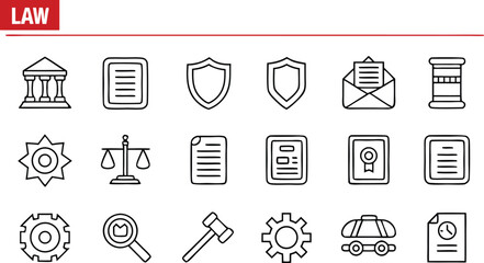 Collection of law and justice icons hand drawn style